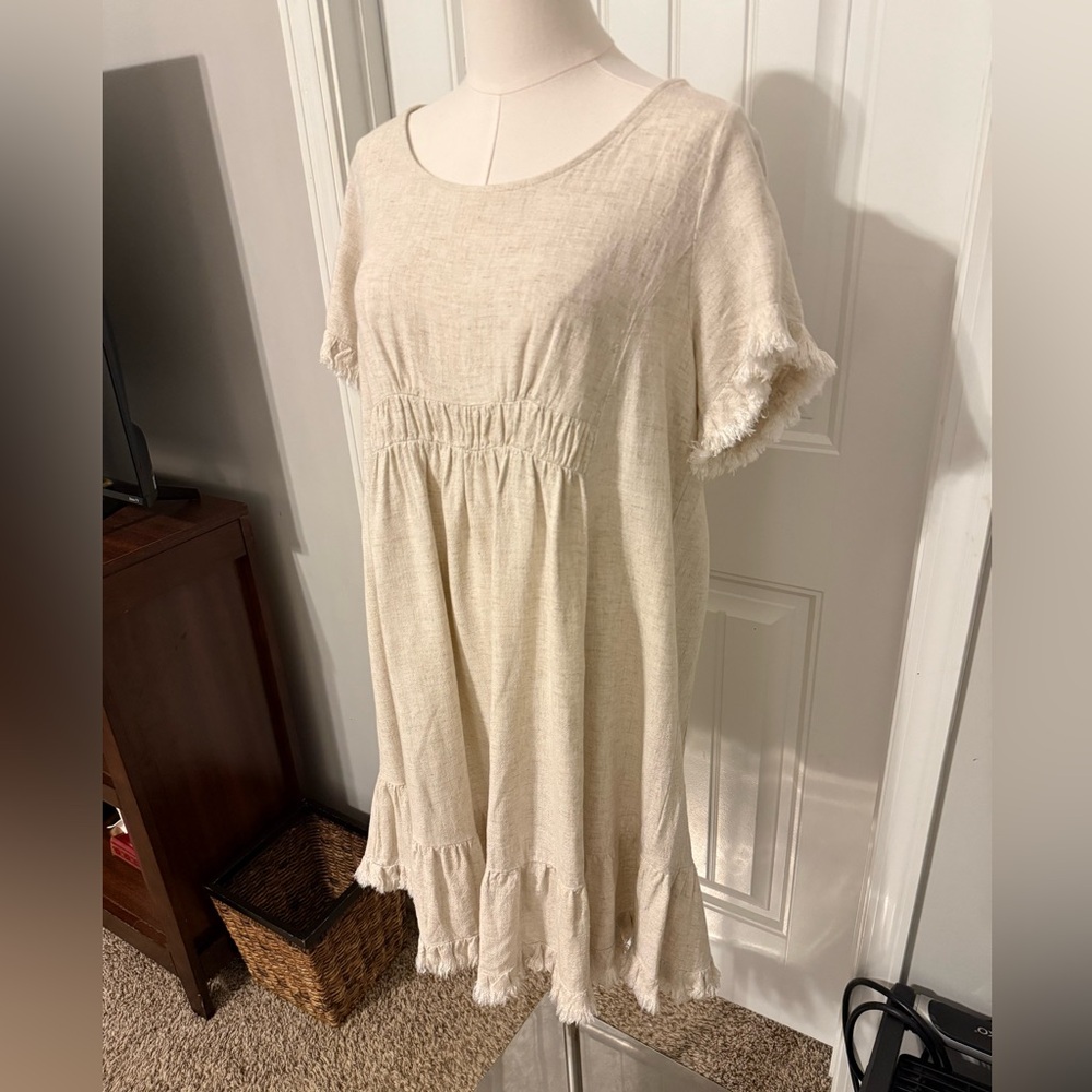 Umgee Linen Short Sleeve Dress with Fringe Details - Picture 2 of 14